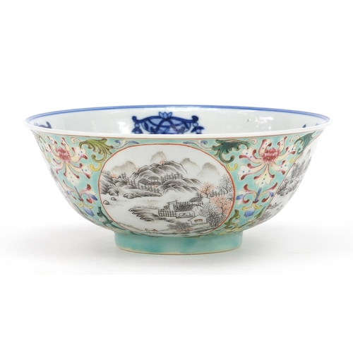 445 - Chinese blue and white porcelain bowl with en grisaille landscape panels, hand painted in the famill... 