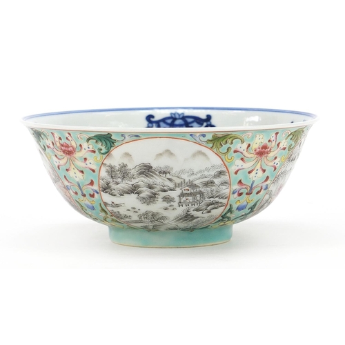 445 - Chinese blue and white porcelain bowl with en grisaille landscape panels, hand painted in the famill... 