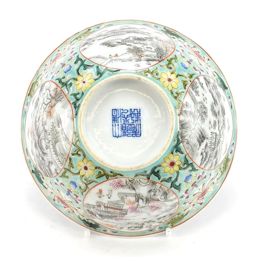 445 - Chinese blue and white porcelain bowl with en grisaille landscape panels, hand painted in the famill... 