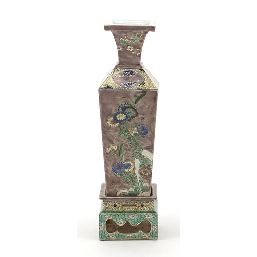 61 - Chinese porcelain square section vase on stand, finely hand painted in the famille verte palette wit... 