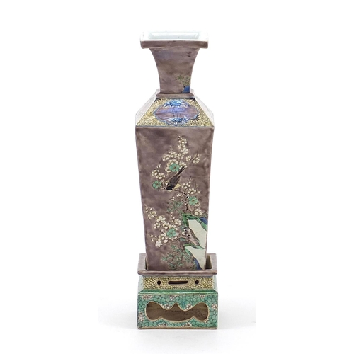 61 - Chinese porcelain square section vase on stand, finely hand painted in the famille verte palette wit... 