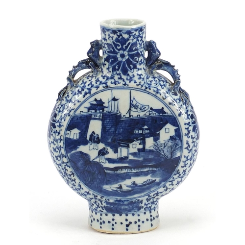 56 - Chinese blue and white porcelain moon flask with handles, hand painted with figures, boats and flowe... 