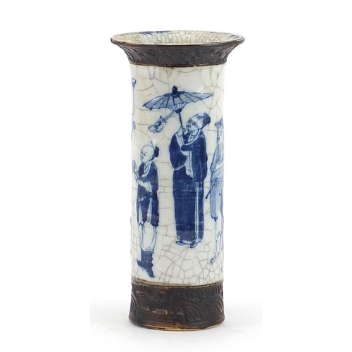 371 - Chinese blue and white crackle glazed porcelain vase hand painted with figures, four figure characte... 