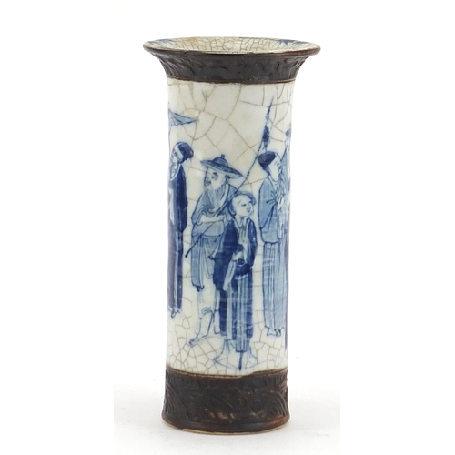 371 - Chinese blue and white crackle glazed porcelain vase hand painted with figures, four figure characte... 