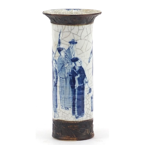 371 - Chinese blue and white crackle glazed porcelain vase hand painted with figures, four figure characte... 