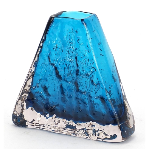 801 - Geoffrey Baxter for Whitefriars, triangular glass vase in kingfisher blue, 17cm high