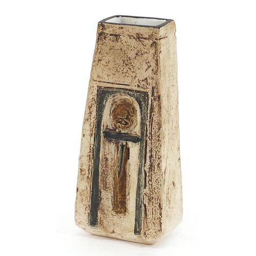 785 - Troika St Ives pottery coffin vase hand painted and incised with an abstract design, 17.5cm high