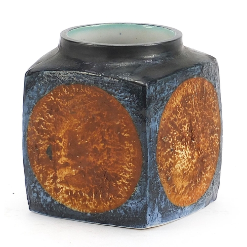 787 - Troika St Ives Pottery marmalade pot hand painted with discs onto a blue ground, 9cm high