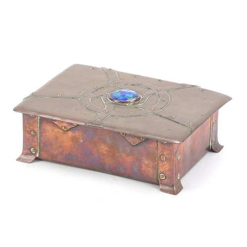 817 - Manner of John Pearson, Arts & Crafts copper casket with inset enamel roundel, 5cm H x 15.5cm W x 11... 