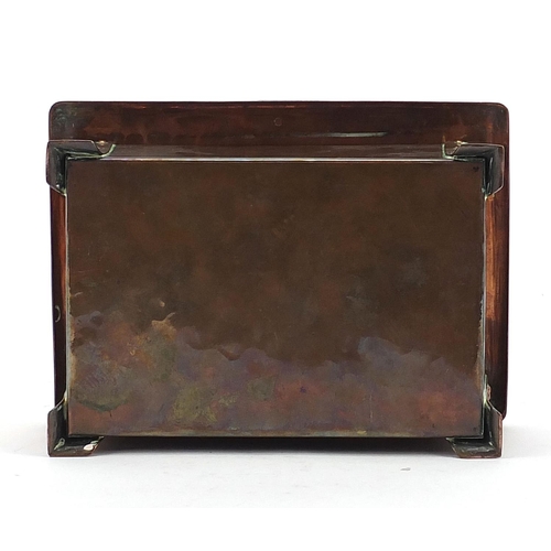 817 - Manner of John Pearson, Arts & Crafts copper casket with inset enamel roundel, 5cm H x 15.5cm W x 11... 