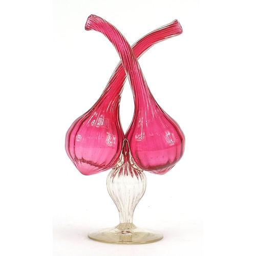 418 - Victorian cranberry and clear glass oil and vinegar bottle vase, 25.5cm high