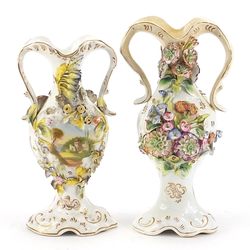 573 - Two 19th century floral encrusted vases with twin handles including one hand painted with a pastoral... 