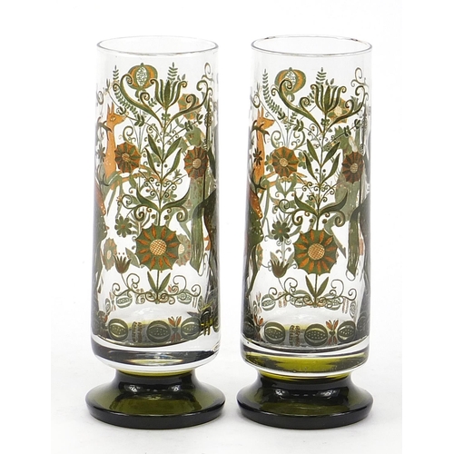 806 - Attributed to Moser, pair of Bohemian glass vases each decorated with a figure on horseback and stag... 