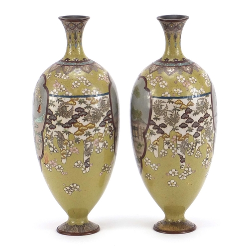 62 - Good pair of Japanese cloisonné vases finely enamelled with landscapes and flowers, each 24.5cm high