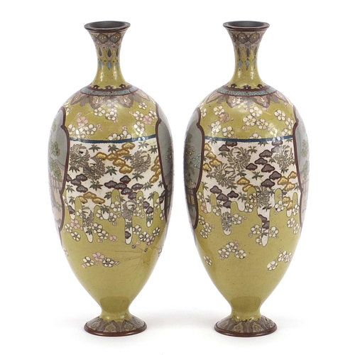 62 - Good pair of Japanese cloisonné vases finely enamelled with landscapes and flowers, each 24.5cm high