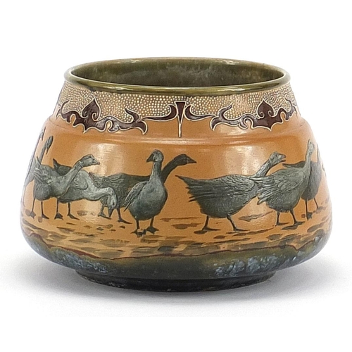 191 - Florence Barlow for Royal Doulton, stoneware jardinière incised with continuous band of geese, numbe... 