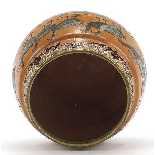 191 - Florence Barlow for Royal Doulton, stoneware jardinière incised with continuous band of geese, numbe... 