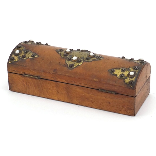 335 - Victorian walnut dome top box with brass mounts and glass cabochons, 9cm H x 28cm W x 10.5cm D