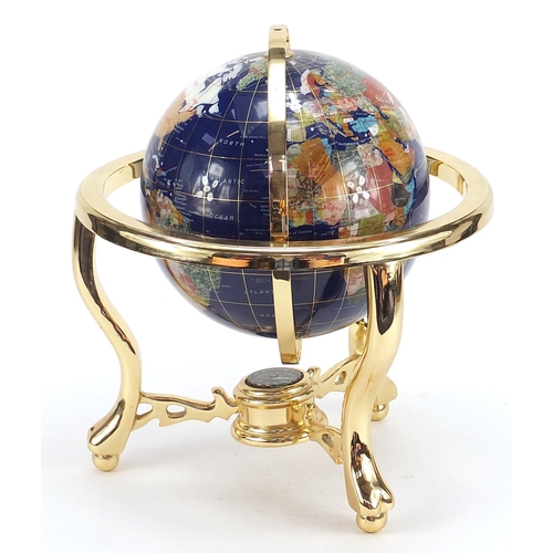 618 - Brass and specimen stone table globe with compass under tier, 35cm high