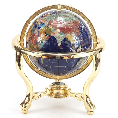 618 - Brass and specimen stone table globe with compass under tier, 35cm high