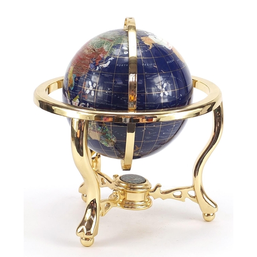 618 - Brass and specimen stone table globe with compass under tier, 35cm high