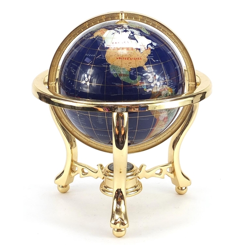 618 - Brass and specimen stone table globe with compass under tier, 35cm high