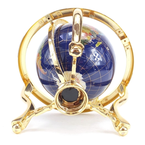 618 - Brass and specimen stone table globe with compass under tier, 35cm high