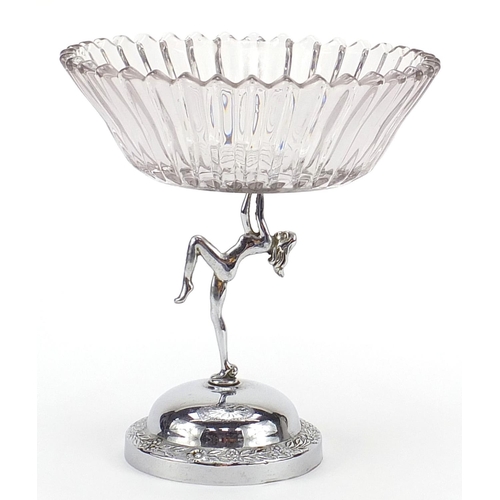 807 - Art Deco chrome and glass centrepiece with nude female support, 25.5cm high x 23cm in diameter