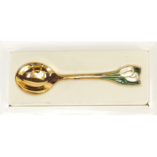 1120 - Robbe & Berking, German silver gilt and enamel 2002 Spoon of the Year with box, 13.5cm in length, 34... 