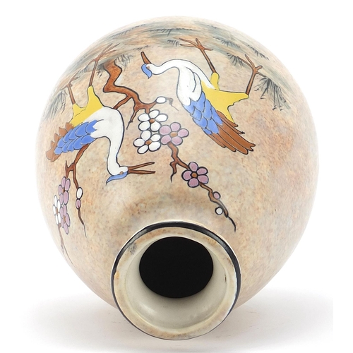 689 - Belgian Art Deco pottery vase hand painted with two cranes, signed A Dubois, 27.5cm high