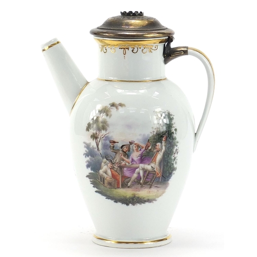 402 - Meissen, 19th century German porcelain jug with unmarked silver lid, finely hand painted with panels... 