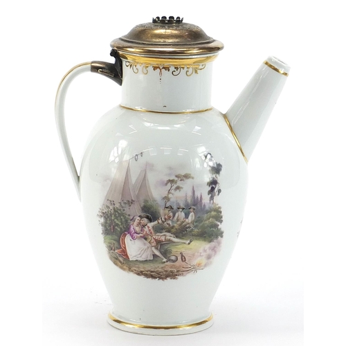 402 - Meissen, 19th century German porcelain jug with unmarked silver lid, finely hand painted with panels... 