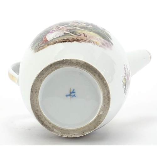 402 - Meissen, 19th century German porcelain jug with unmarked silver lid, finely hand painted with panels... 