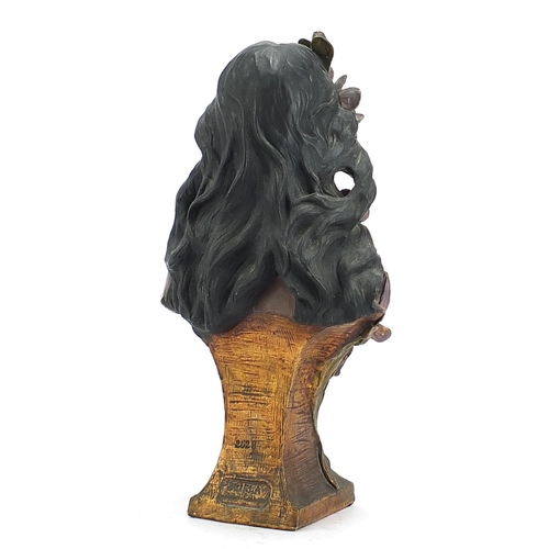 289 - Art Nouveau painted terracotta bust of a maiden impressed Oriela to the reverse and numbered 2628, 4... 