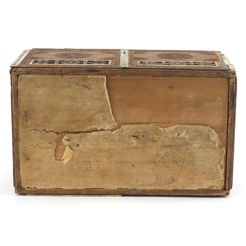 330 - 19th century prisoner of war wood casket with ivory inlay, inscription to the interior dated 1852, 1... 