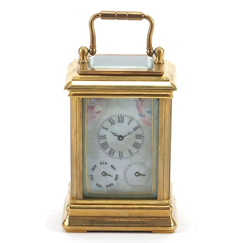 614 - Miniature brass perpetual carriage clock with Sevres type porcelain panels, 7.5cm high