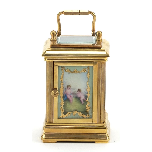 614 - Miniature brass perpetual carriage clock with Sevres type porcelain panels, 7.5cm high