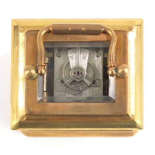 614 - Miniature brass perpetual carriage clock with Sevres type porcelain panels, 7.5cm high