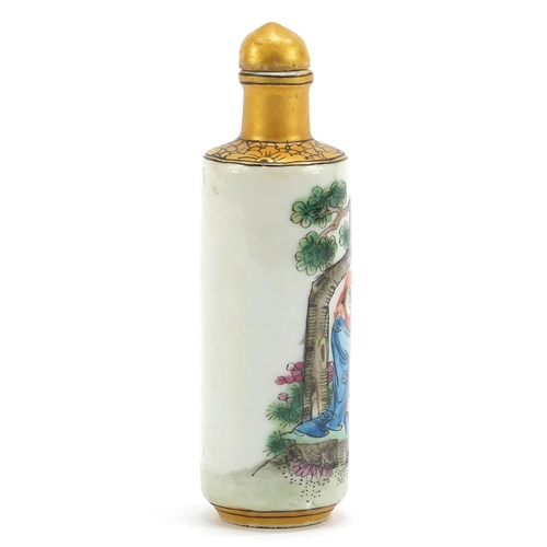 2053 - Chinese porcelain snuff bottle with stopper hand painted with an erotic couple, four figure characte... 