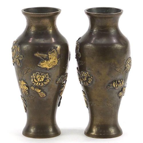 2077 - Pair of Chinese mixed metal vases decorated with birds amongst flowers, each 12cm high