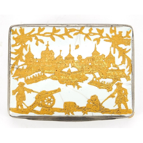 121 - Antique Berlin enamel snuff box gilded with battle scene, 4cm H x 7.5cm W x 5.5cm D