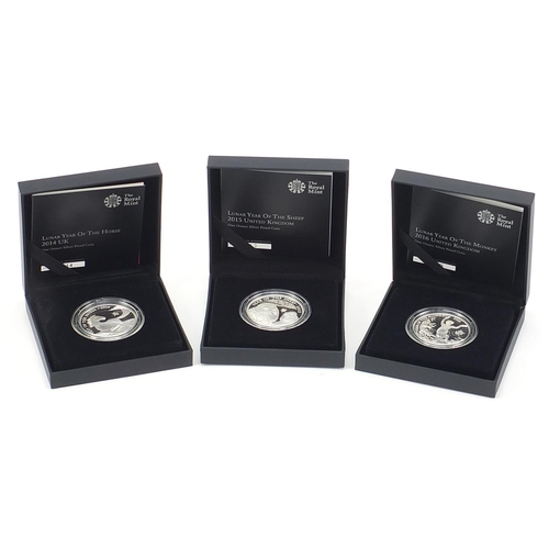 1722 - Three Lunar one ounce silver proof coins with boxes comprising 2014 Year of the Horse, 2015 Year of ... 