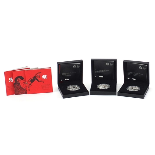 1722 - Three Lunar one ounce silver proof coins with boxes comprising 2014 Year of the Horse, 2015 Year of ... 