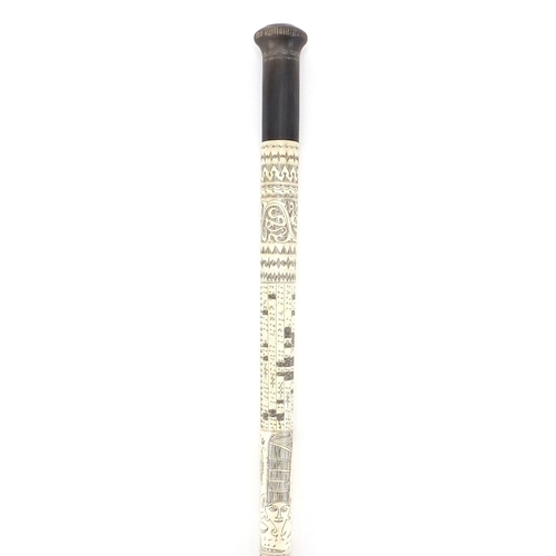 1883 - Scrimshaw style horn and bone swagger stick, 50cm in length