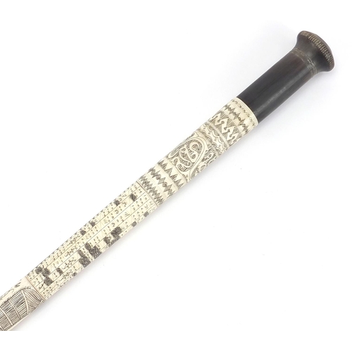 1883 - Scrimshaw style horn and bone swagger stick, 50cm in length