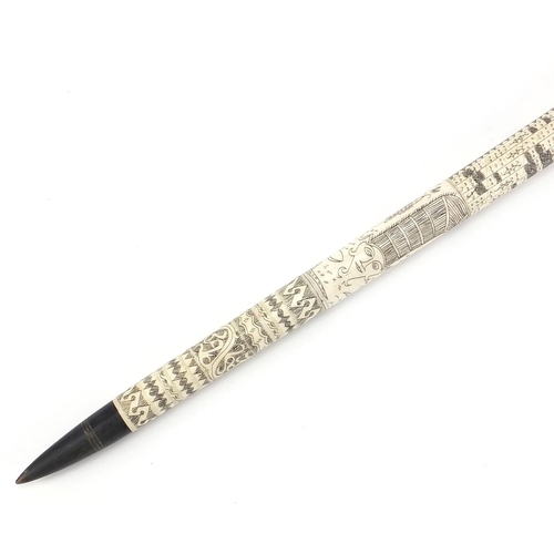 1883 - Scrimshaw style horn and bone swagger stick, 50cm in length