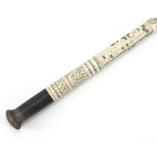 1883 - Scrimshaw style horn and bone swagger stick, 50cm in length