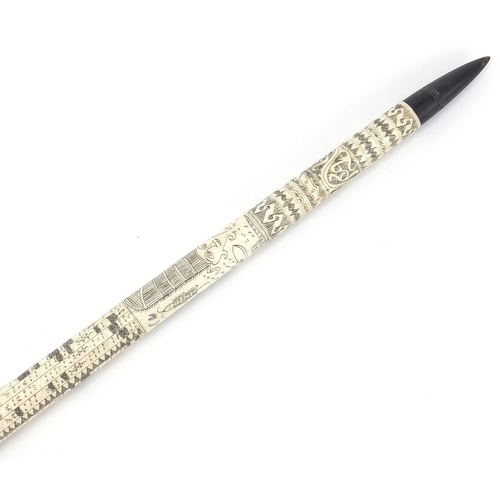 1883 - Scrimshaw style horn and bone swagger stick, 50cm in length