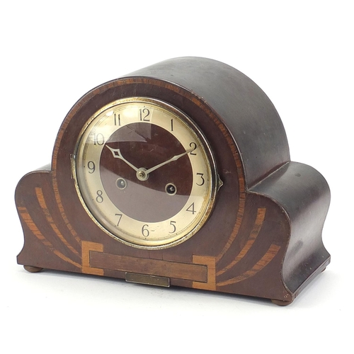 1930 - Art Deco inlaid fan shaped chiming mantle clock with Arabic numerals, 32cm wide