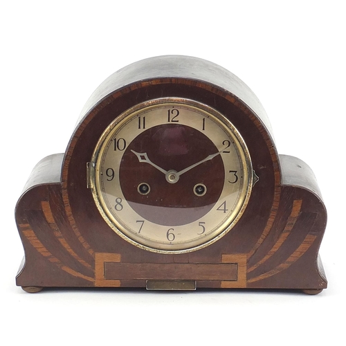 1930 - Art Deco inlaid fan shaped chiming mantle clock with Arabic numerals, 32cm wide